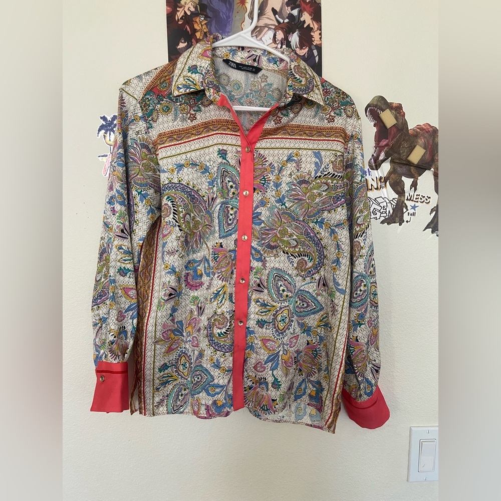 Zara Boho long sleeve collared v-neck Shirt size S